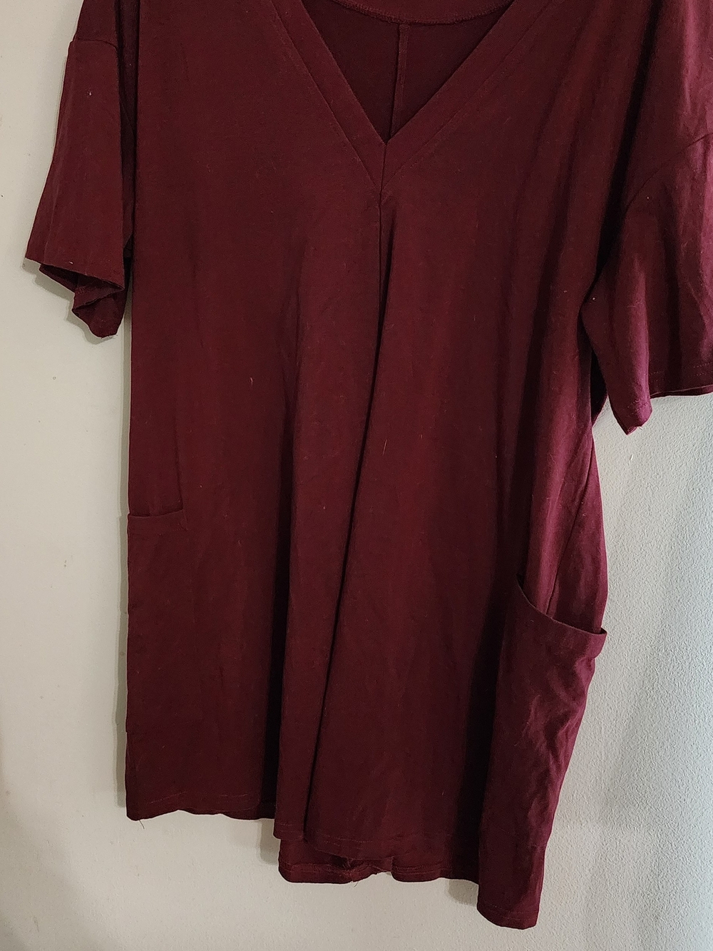 Oversized Burgundy V-Neck Short Sleeve Tunic Top with‎ Pockets Size XL